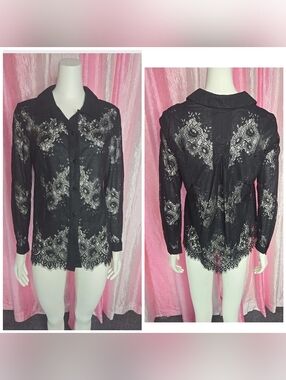 CAbi St Regis Black Lace Sheer Dressy Button-Up Blouse Size Small